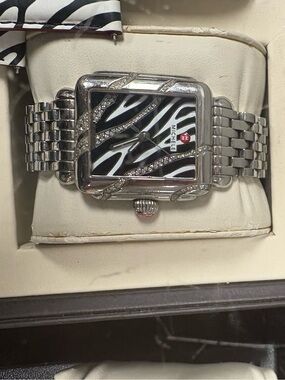 Michele Zebra Pattern Stainless Steel Watch with Crystal Accents